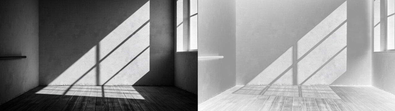 A splitscreen comparison showing a dark, moody room with highcontrast window light alongside a bright, highkey version of the same interior space isolated on transparent background