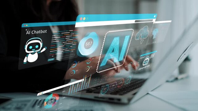 Woman Using Laptop with AI Chatbot Interface and Data Visualization Elements for Technology and Business Solutions Sigmoid