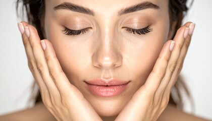 Fototapeta premium Young woman with closed eyes applying skincare product to her face in