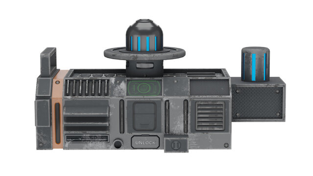 3d rendering of a sci fi device with a button and glowing elements