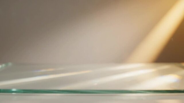 Glass podium shelf showcase featuring natural sunlight beam casting shadow on neutral wall background