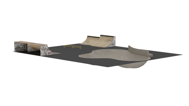 3d rendering of a skatepark with ramps and obstacles for skating