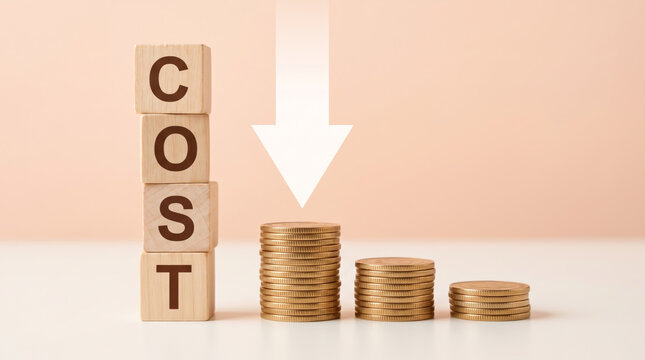 Coins stacked decrease beside cost blocks and downward arrow. Finance investment recession crisis. money budget saving expense, value reduction down decayed, risk loss