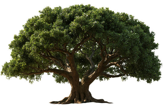Mature tropical broadleaf tree with broad dense crown and thick trunk spreading wide branches in natural light