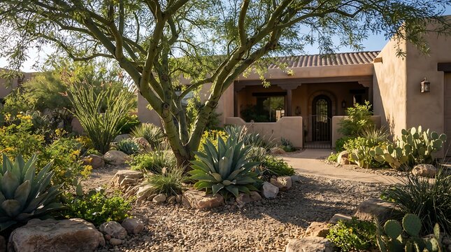 A beautiful residential arizona front yard featuring native desert plants and saguaro landscape at a quiet home entrance