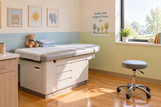 Pediatric exam room with exam bed, blanket, teddy bear, stool, calm medical setting