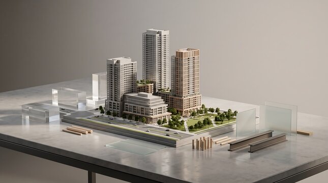 Un proyecto de desarrollo inmobiliario en maqueta arquitect&oacute;nica con edificios modernos y planos en una mesa