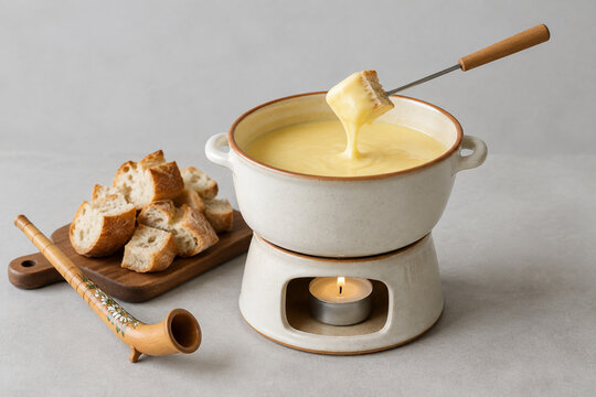 Ceramic cheese fondue pot with melted cheese, bread and carved alphorn, cozy dining concept