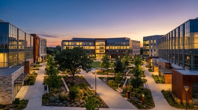 Un moderno desarrollo inmobiliario con oficinas corporativas y areas verdes al atardecer en el distrito comercial