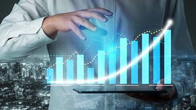 A businessman analyzes growth data using digital graphs and charts on a tablet, set against a vibrant urban skyline at night, symbolizing financial success. Copula