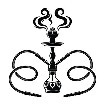 Black and white hookah pipe vector illustration with smoke, shisha water pipe, arabic coffee culture, smoking accessories icon