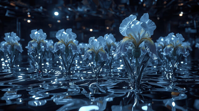 Glowing iris flower emerging from liquid in surreal blue botanical scene