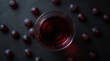Fototapeta premium Red wine glass overhead on dark surface with scattered grape fruit and dramatic lighting