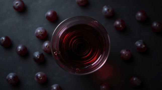 Red wine glass overhead on dark surface with scattered grape fruit and dramatic lighting