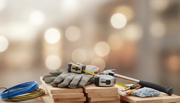 Assorted construction tools including work gloves, tape measure, hammer, screws, and electrical wire arranged on wooden planks against a blurred background