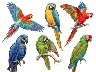 Watercolor macaws and parrots on a transparent background © Kayleigh