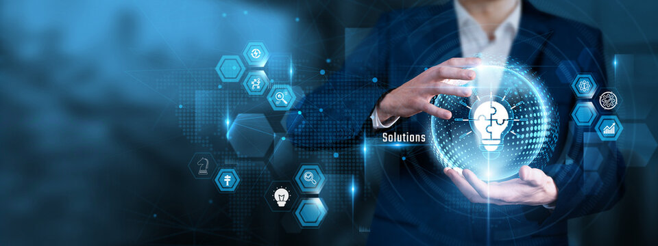 Businessman Hand Hold Solutions and global Enterprise Business Strategy, Innovative Problem Solving, Strategic Management Platform, Modern Corporate Efficiency, Digital Growth System