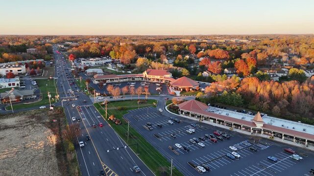 Aerial View of Route 202 and a Shopping Center in Glen Mills, suburb of Philadelphia, Pennsylvania in Autumn