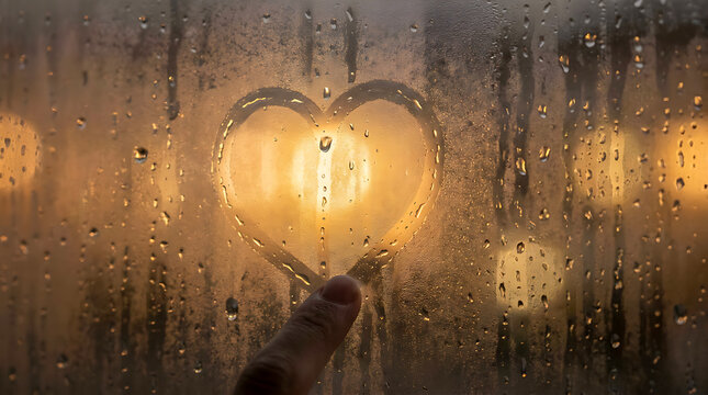 Heart-Shaped Condensation on Wet Glass with Warm Romantic Bokeh.