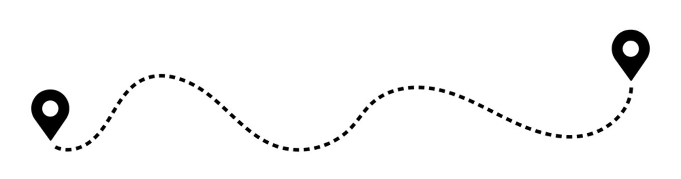 Dashed path route between two map pin locations with dashed line travel route dotted line navigation system location navigation