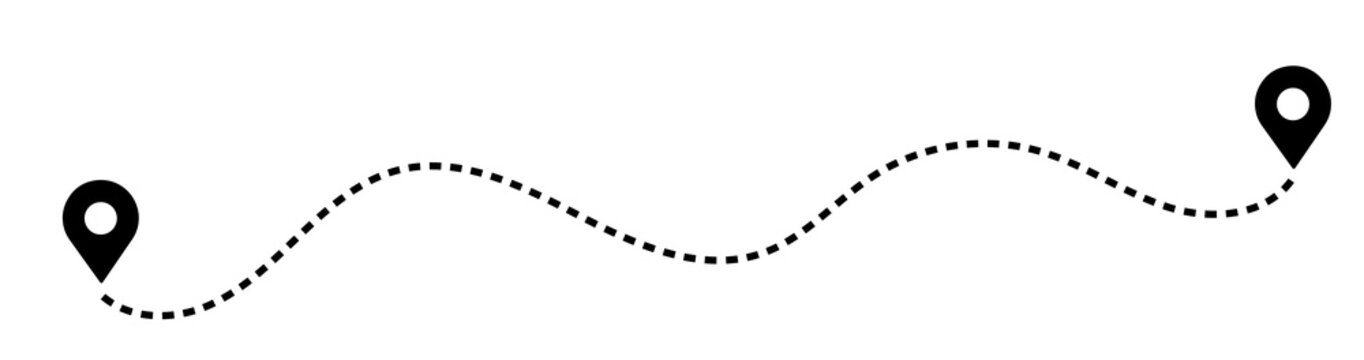 Dashed path route between two map pin locations with dashed line travel route dotted line navigation system location navigation