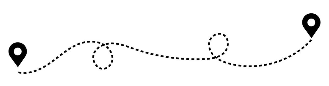 Dashed path route between two map pin locations with dashed line travel route dotted line navigation system location navigation