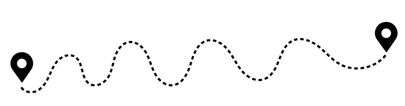 Dashed path route between two map pin locations with dashed line travel route dotted line navigation system location navigation