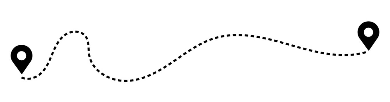 Dashed path route between two map pin locations with dashed line travel route dotted line navigation system location navigation