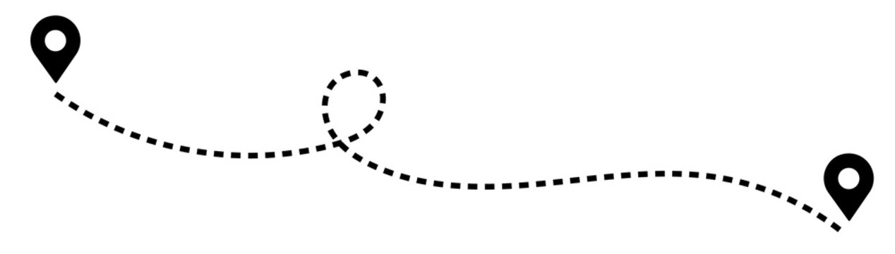 Dashed path route between two map pin locations with dashed line travel route dotted line navigation system location navigation