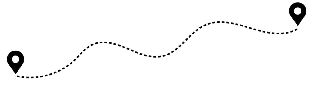 Dashed path route between two map pin locations with dashed line travel route dotted line navigation system location navigation