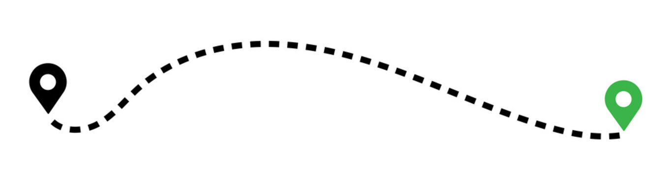 Dashed path route between two map pin locations with dashed line travel route dotted line navigation system location navigation