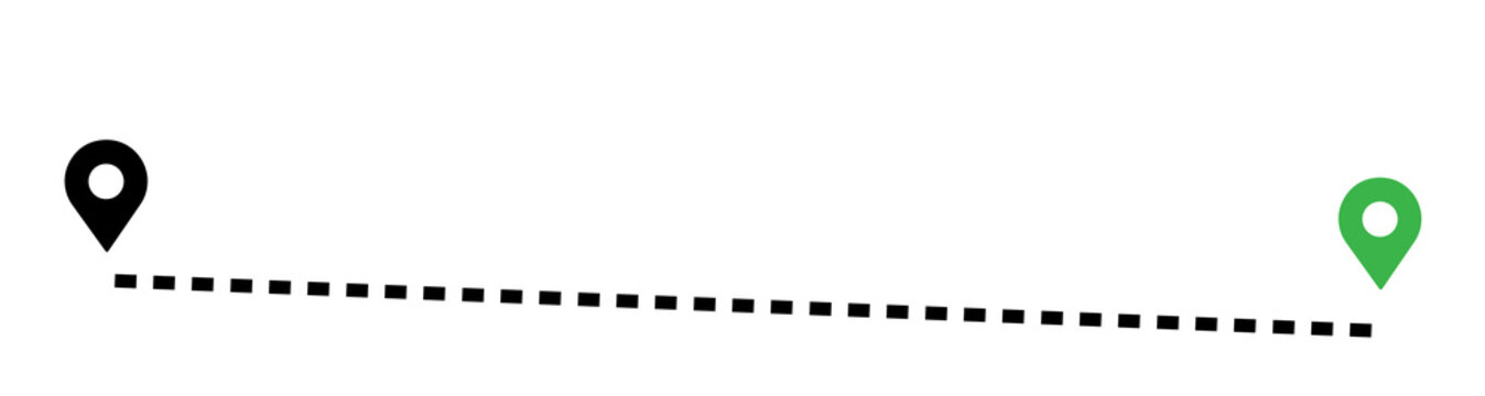 Dashed path route between two map pin locations with dashed line travel route dotted line navigation system location navigation