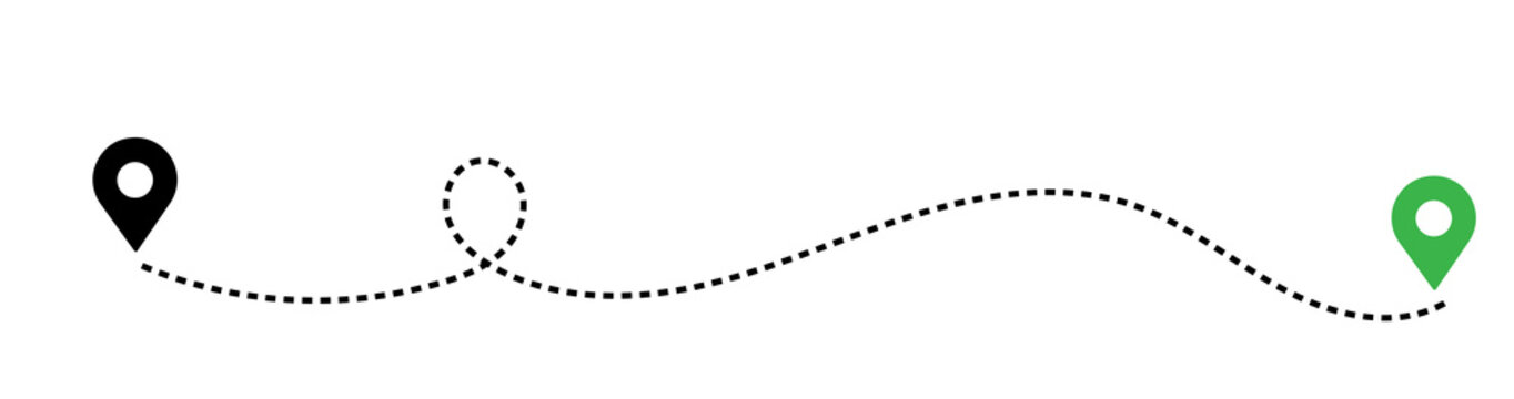 Dashed path route between two map pin locations with dashed line travel route dotted line navigation system location navigation