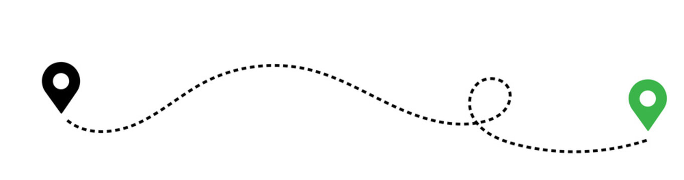 Dashed path route between two map pin locations with dashed line travel route dotted line navigation system location navigation