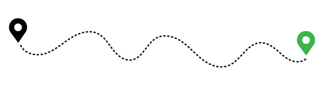 Dashed path route between two map pin locations with dashed line travel route dotted line navigation system location navigation