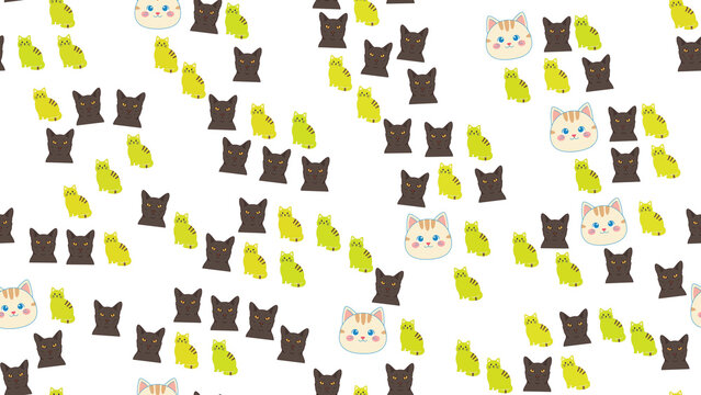 Seamless pattern of cartoon cat faces and bodies