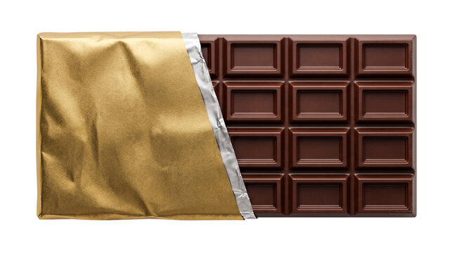 Dark Chocolate Bar with Gold Foil Wrapper on transparent background