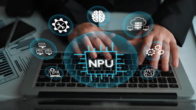 Hands typing on laptop keyboard surrounded by various digital icons representing technology, artificial intelligence, and processing capabilities with NPU symbol. Entropy.