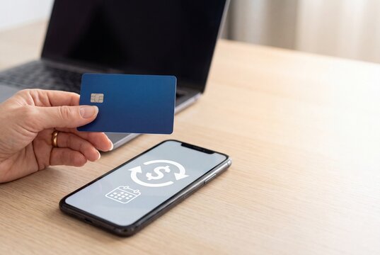 Hand holding credit card over phone with recurring payment icon