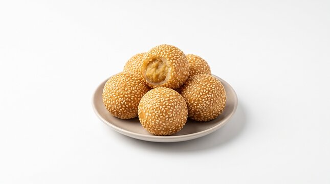 Traditional Indonesian Onde Onde (Fried Sesame Balls with Mung Bean Paste) Isolated on White Background