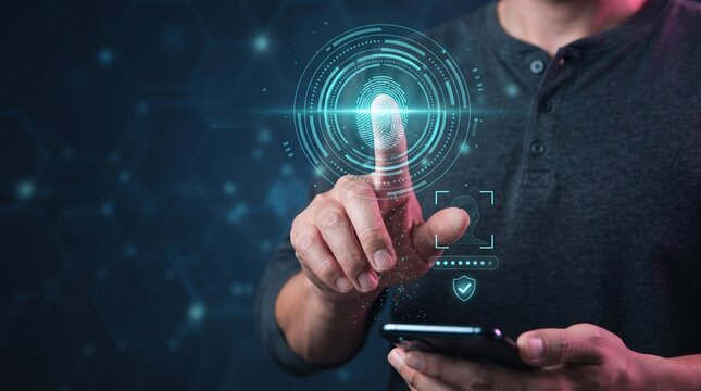 Biometric fingerprint scanner and smartphone security access. Man touching digital identity verification interface. Cyber security photo for authentication, data protection, and modern software.