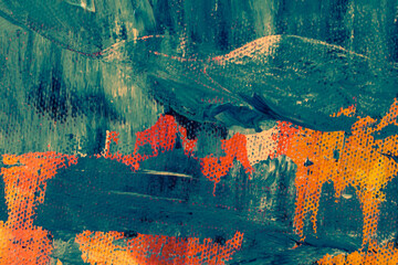 Bold teal blue and orange abstract oil painting. Heavy textured palette knife acrylic canvas surface for modern artistic expression