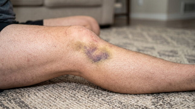 Bruised Knee Injury: Close-up shot of a man's bruised knee, showing a significant contusion and swelling on his leg, indicating a recent injury and pain.