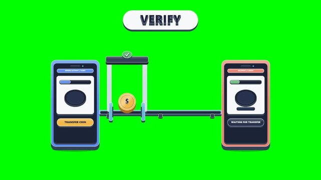 Premium 4K 2.5D green screen microstock animation showing a digital bank transfer with a hero coin traveling from sender smartphone through mechanical verification and transfer rail to recipient phone