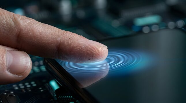 Macro of fingertip touching screen with blue biometric scanner ripple effect for secure access.