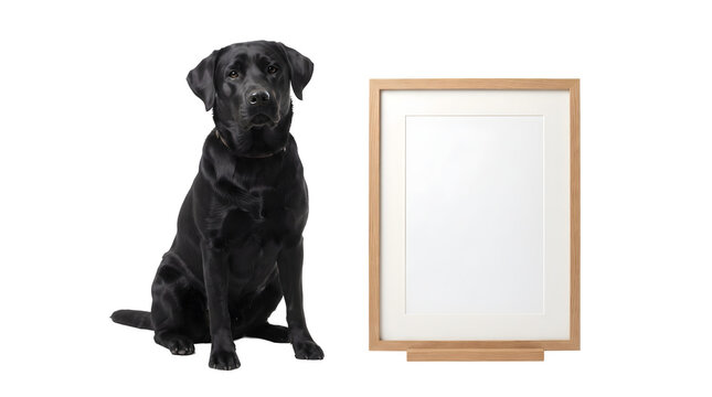 Black labrador retriever dog sitting next to a wooden picture frame isolated on transparent background