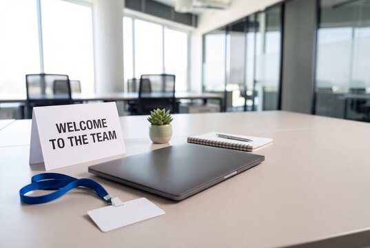 Welcome to the Team card on new employee desk, onboarding concept