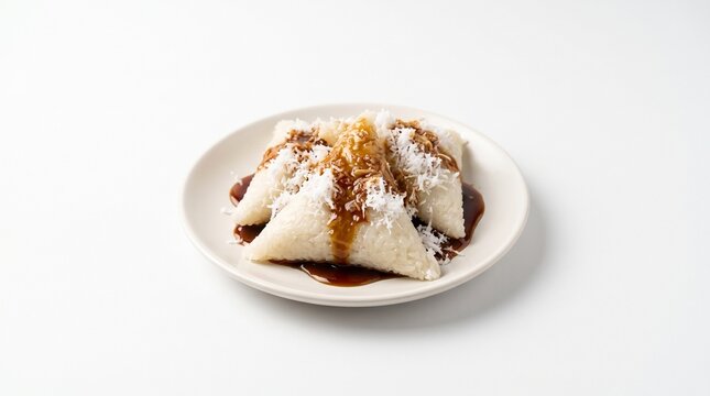 Traditional Indonesian dessert Kue Lupis with grated coconut and palm sugar syrup isolated on white background
