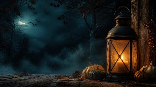 Glowing lantern illuminates pumpkins beneath moonlit autumn forest