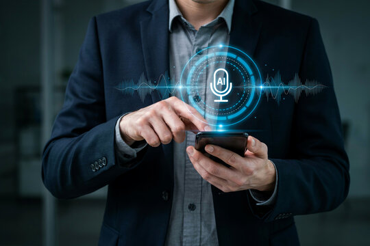 Man using smartphone with artificial intelligence voice assistant icon and sound waves for smart communication.